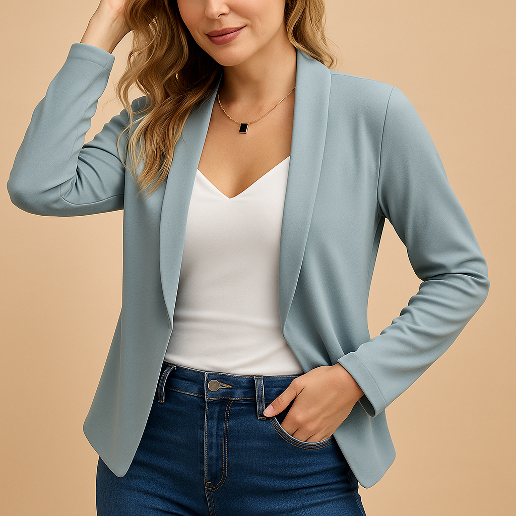 Offener Blazer für Damen mit Schalkragen und geschwungenem Saum – Leicht taillierte Langarmjacke für Büro und Abendoutfits