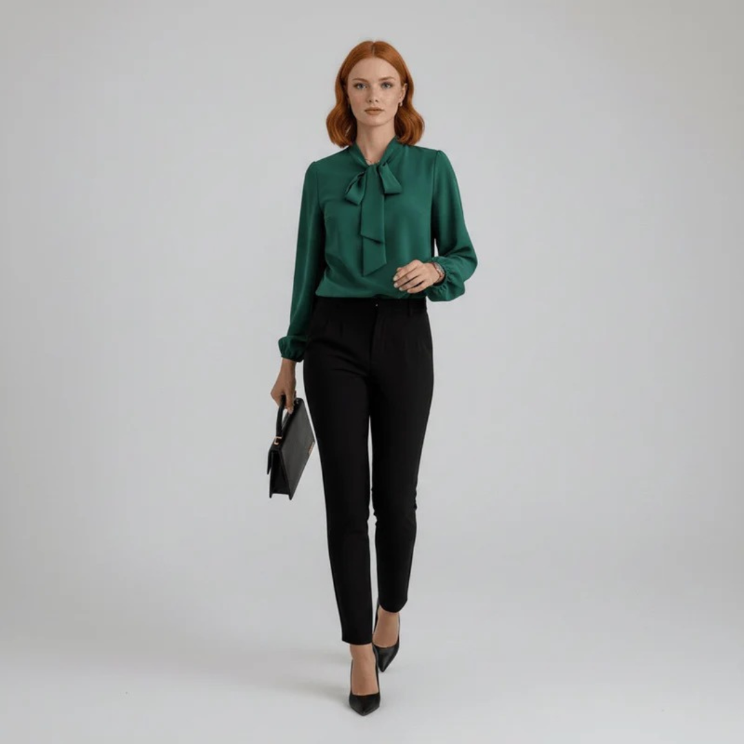 Ženska bluza s mašnom oko vrata – ležeran model dugih rukava za ured i elegantno ležerno odijevanje