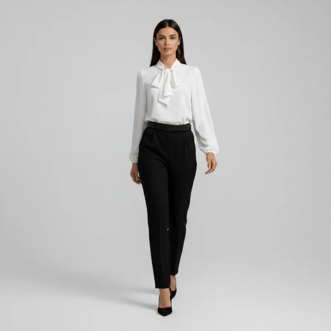 Ženska bluza s mašnom oko vrata – ležeran model dugih rukava za ured i elegantno ležerno odijevanje