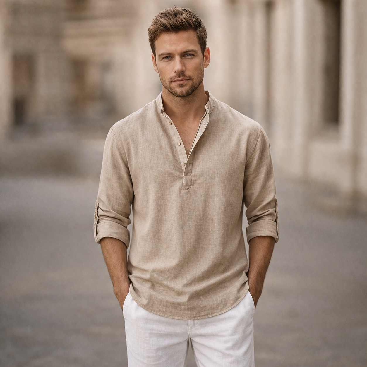 Camisa de lino para hombre con cuello mao, mangas enrolladas y estilo casual
