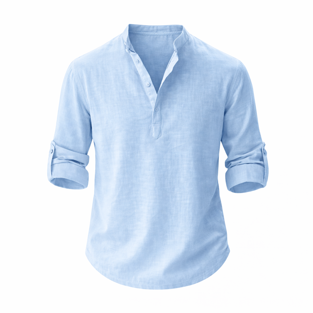 Camisa de lino para hombre con cuello mao, mangas enrolladas y estilo casual