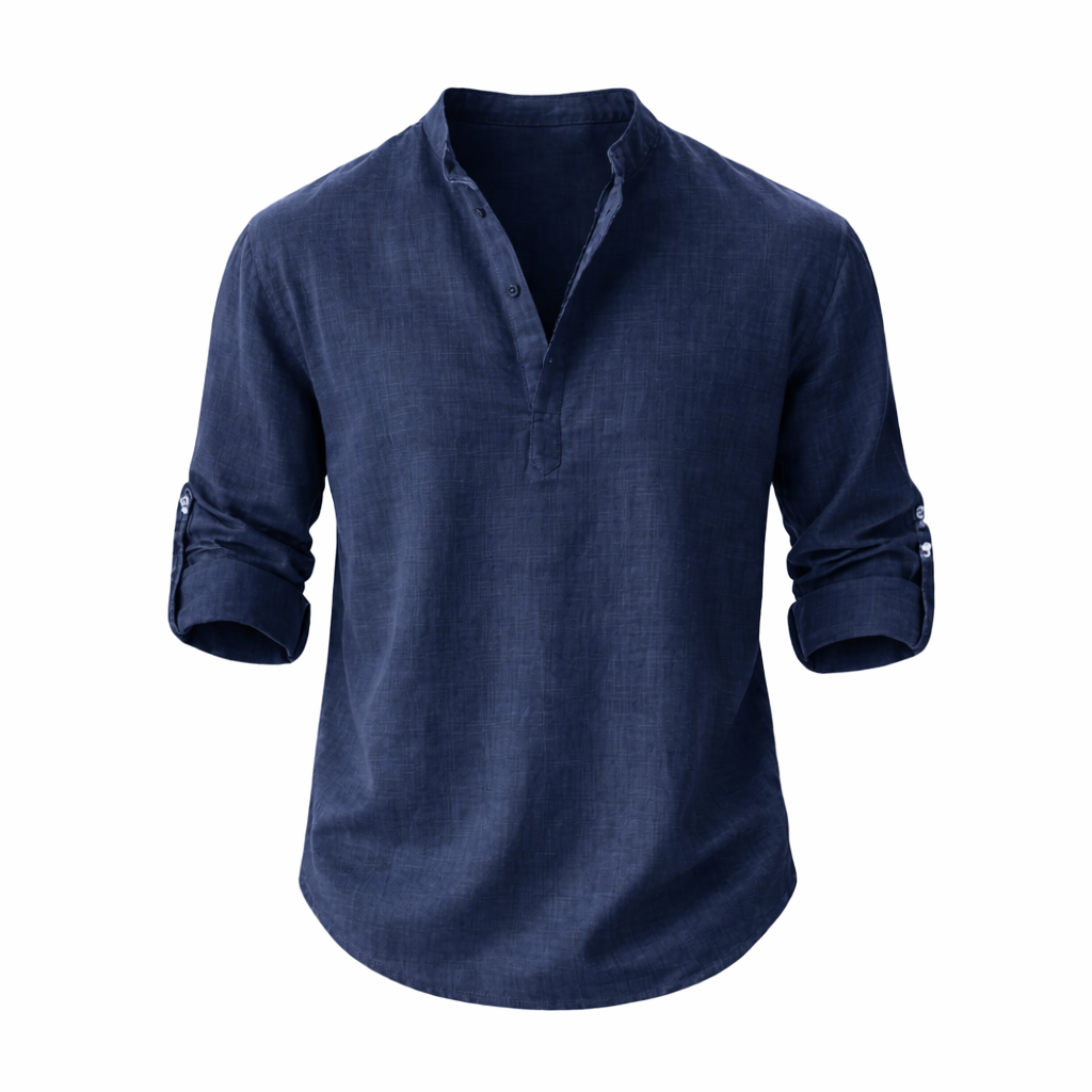 Camisa de lino para hombre con cuello mao, mangas enrolladas y estilo casual