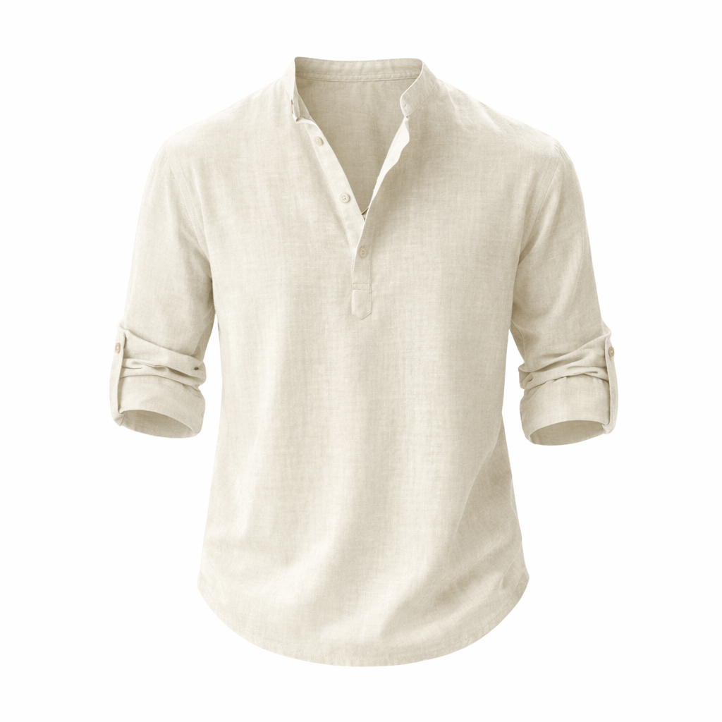 Camisa de lino para hombre con cuello mao, mangas enrolladas y estilo casual