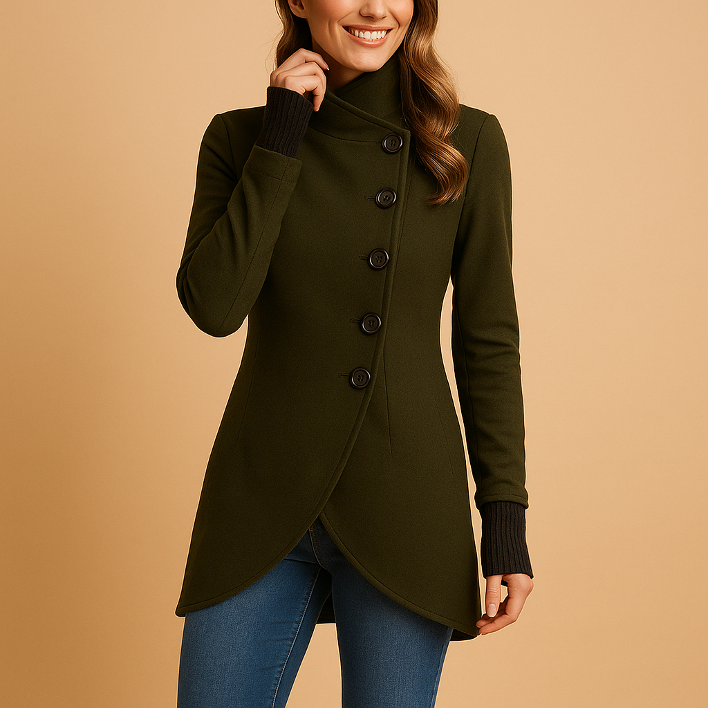 Women’s Asymmetric Tailored Jacket with Stand Collar and Curved Hem – Fitted Button-Front Layer for Smart Autumn and Winter Outfits