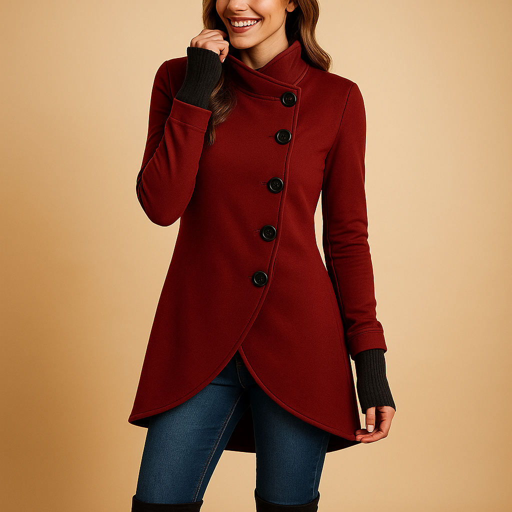 Women’s Asymmetric Tailored Jacket with Stand Collar and Curved Hem – Fitted Button-Front Layer for Smart Autumn and Winter Outfits