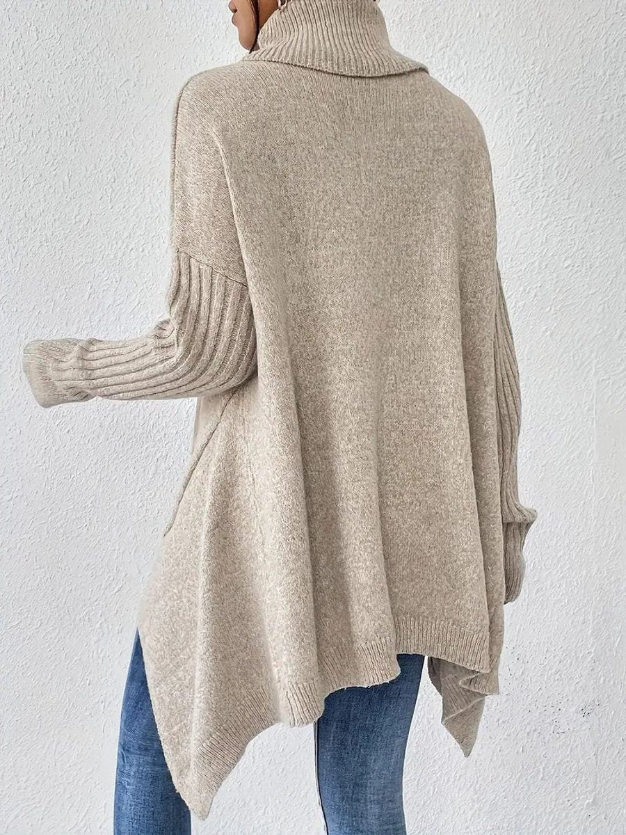 Pulover supradimensionat de damă, cu guler înalt – Tricot striat cu guler înalt și tiv asimetric, pentru suprapuneri lejere de iarnă
