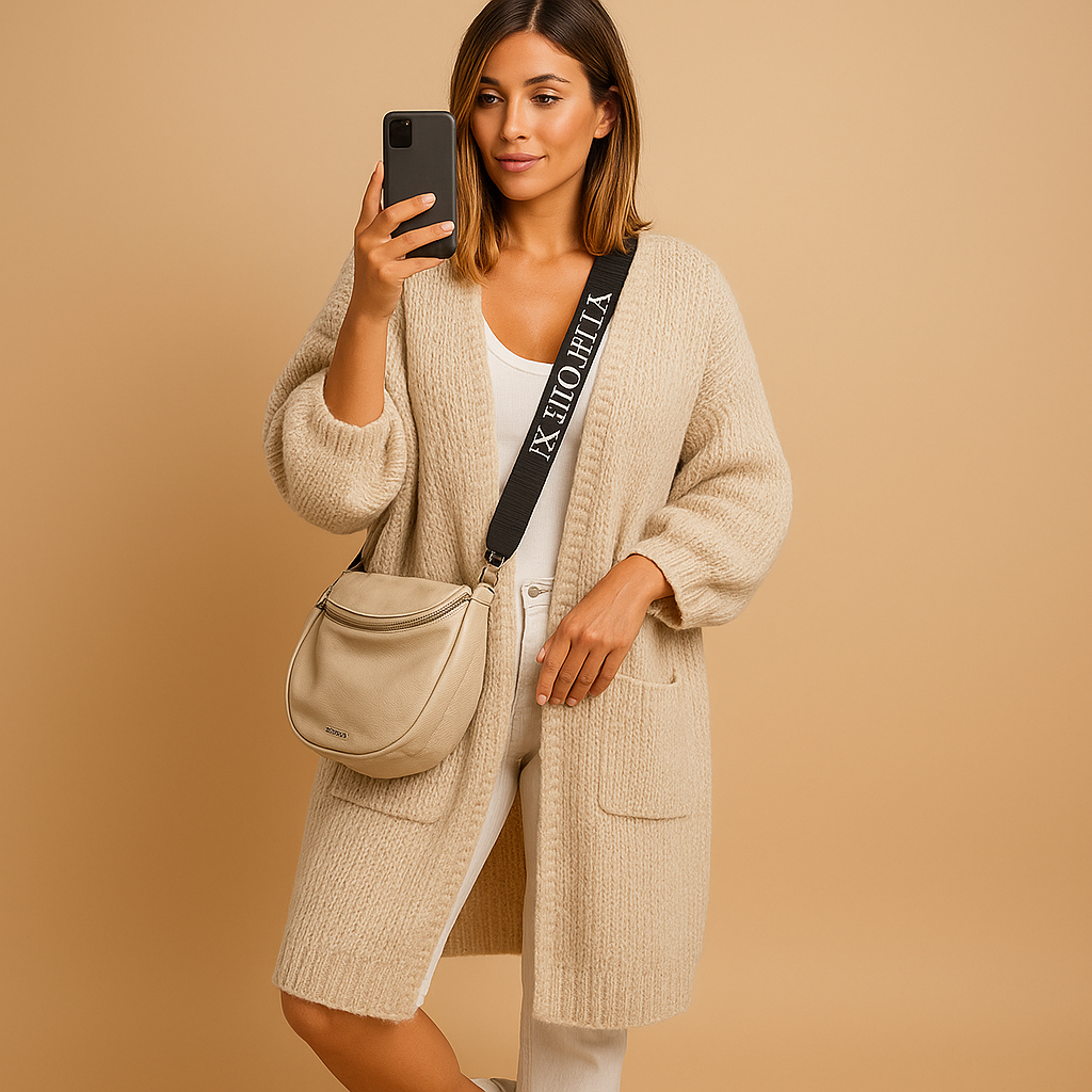 Women’s Oversized Longline Knitted Cardigan with Open Front and Patch Pockets – Cosy Relaxed Layer with Balloon Sleeves for Cooler Days