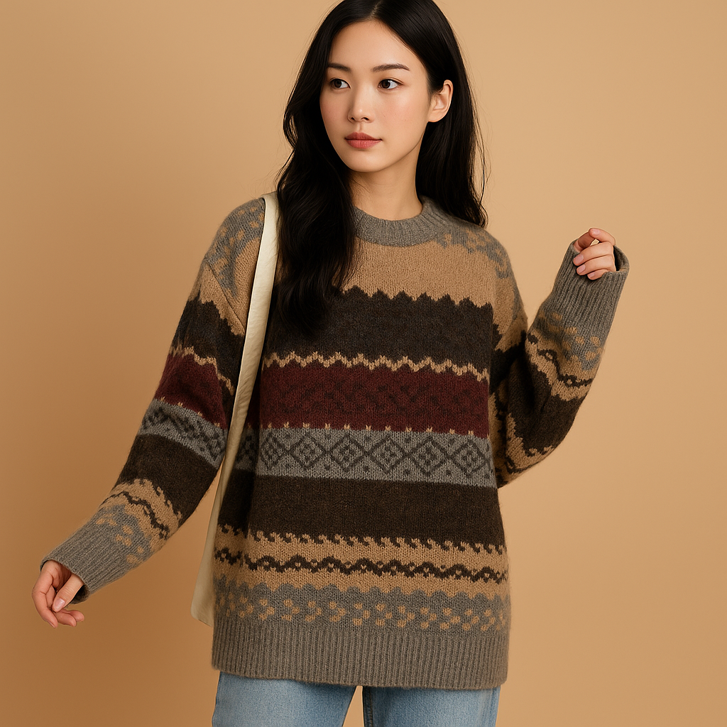 Jersey de punto estampado extragrande para mujer – Suave prenda relajada para looks informales de otoño e invierno