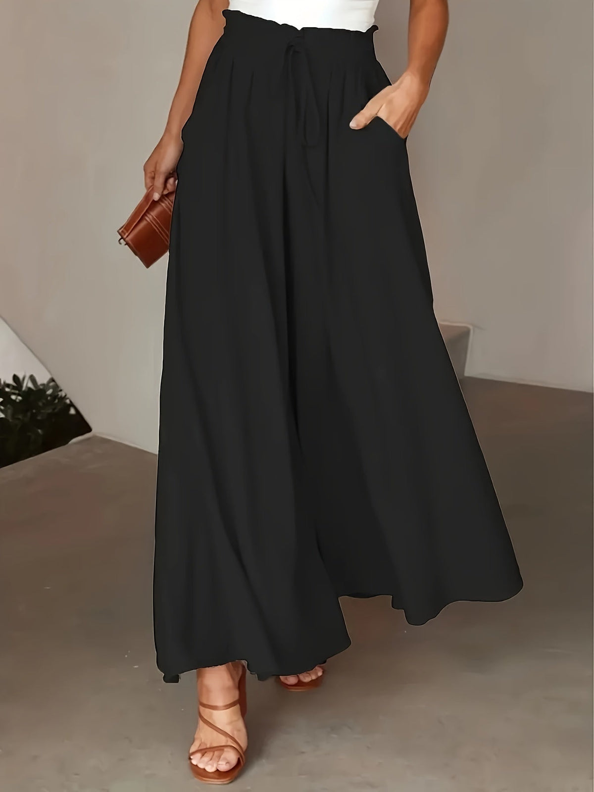 Women’s High-Waisted Flowing Wide-Leg Trousers – Relaxed Drawstring Full-Length Style for Office Travel Weekend Dining and Everyday Transitional Wear