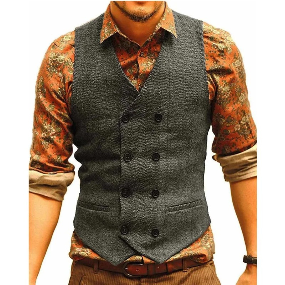 Men’s Double-Breasted Vintage Waistcoat – Textured Heritage Layer for Festivals and Smart Casual Wear