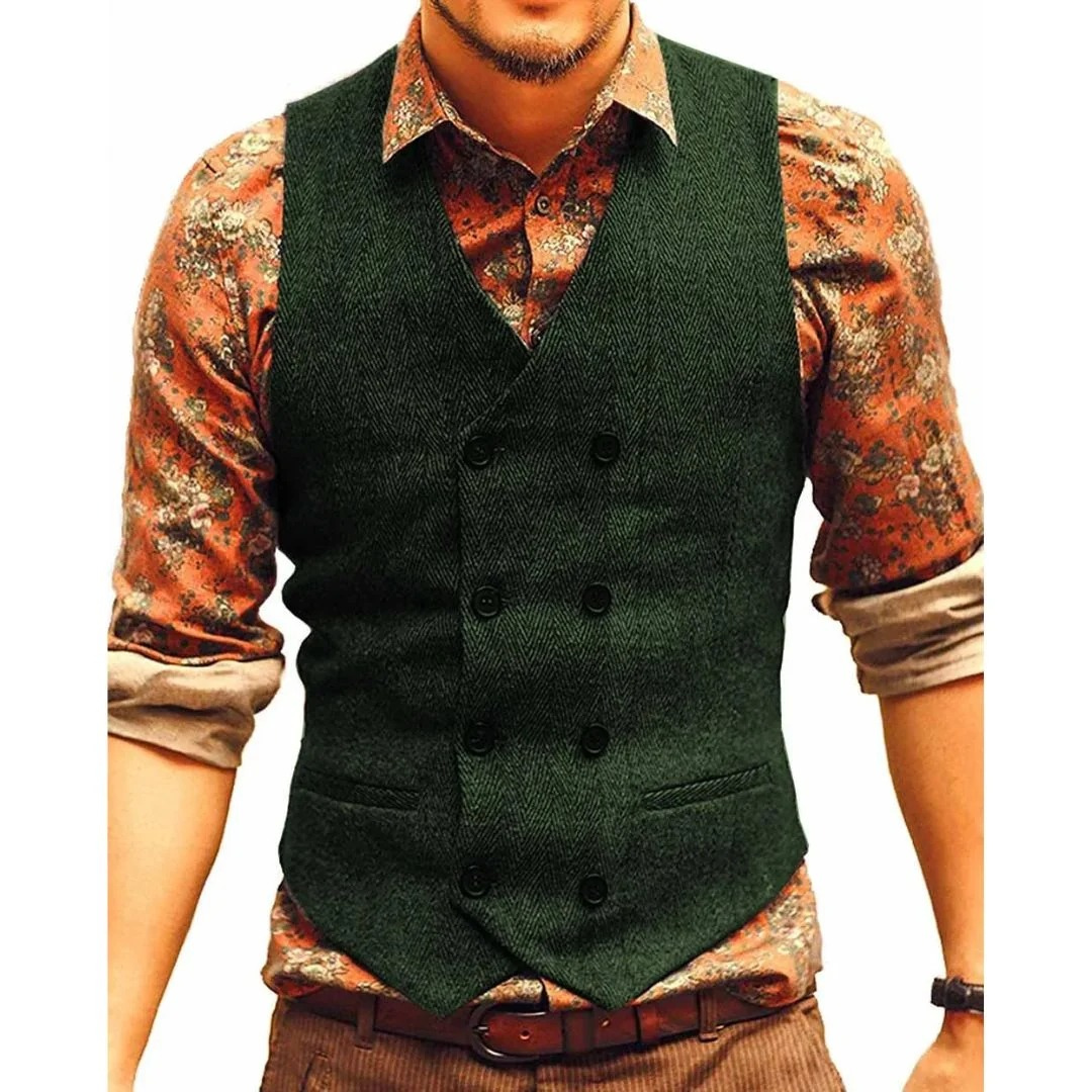 Men’s Double-Breasted Vintage Waistcoat – Textured Heritage Layer for Festivals and Smart Casual Wear