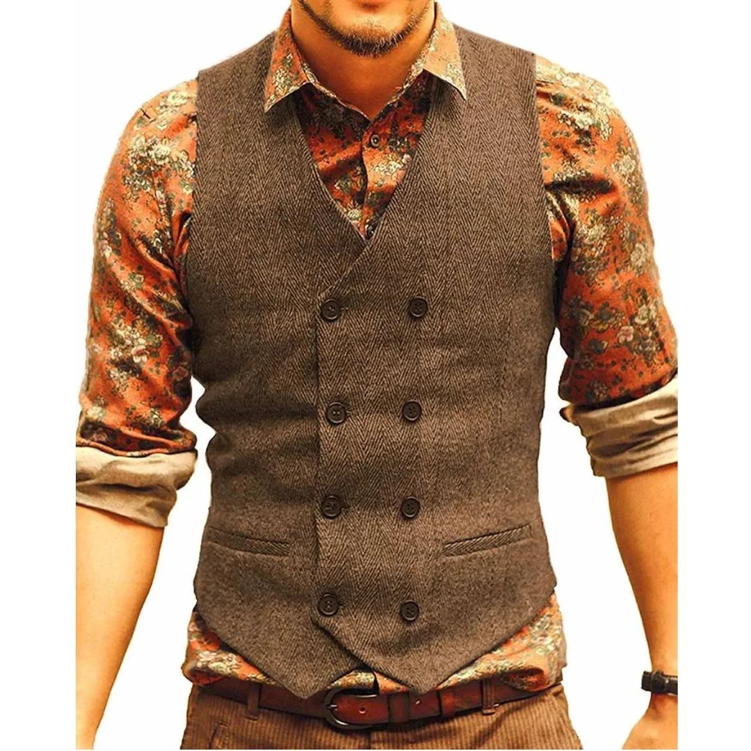 Men’s Double-Breasted Vintage Waistcoat – Textured Heritage Layer for Festivals and Smart Casual Wear