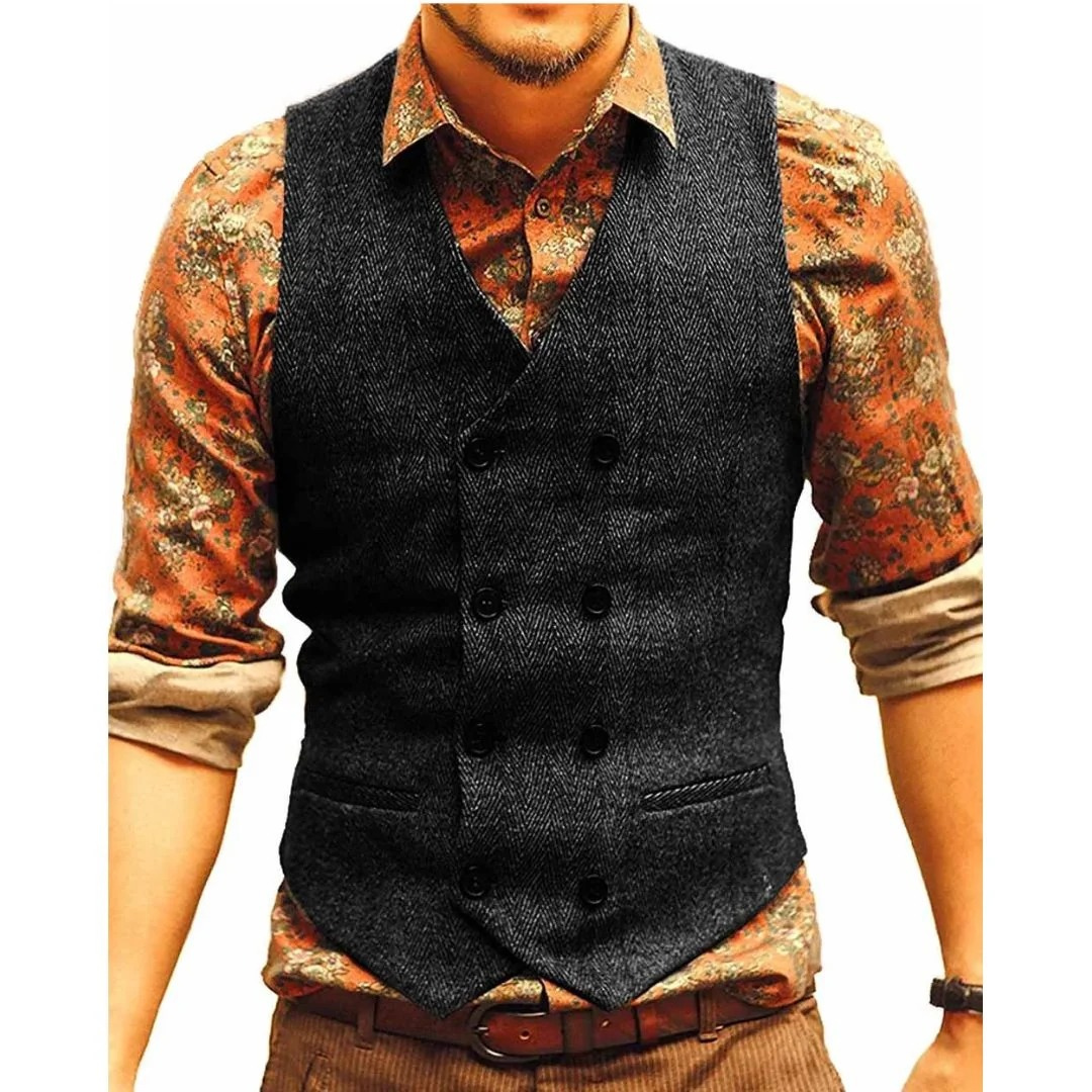 Men’s Double-Breasted Vintage Waistcoat – Textured Heritage Layer for Festivals and Smart Casual Wear