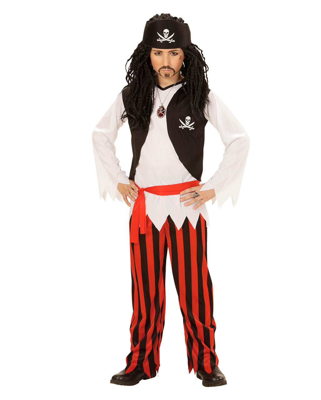 Halloweenkostume til børn med piratskjorte, vest, bukser og pandebånd