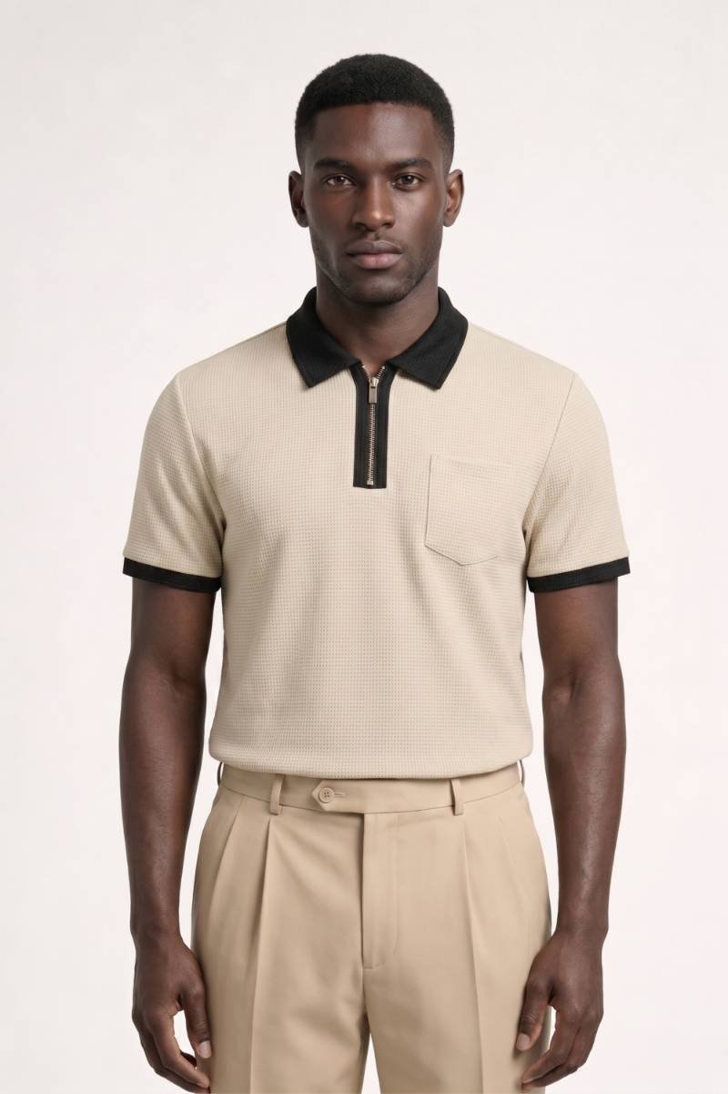 Polo da uomo con zip, tessuto strutturato e taschino sul petto