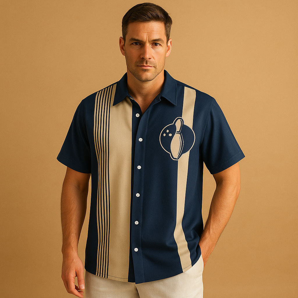 Polo da uomo a maniche corte con stampa - Maglia in poliestere d’ispirazione bowling retrò con colletto morbido, ideale per l’estate, il tempo libero e l’uso casual