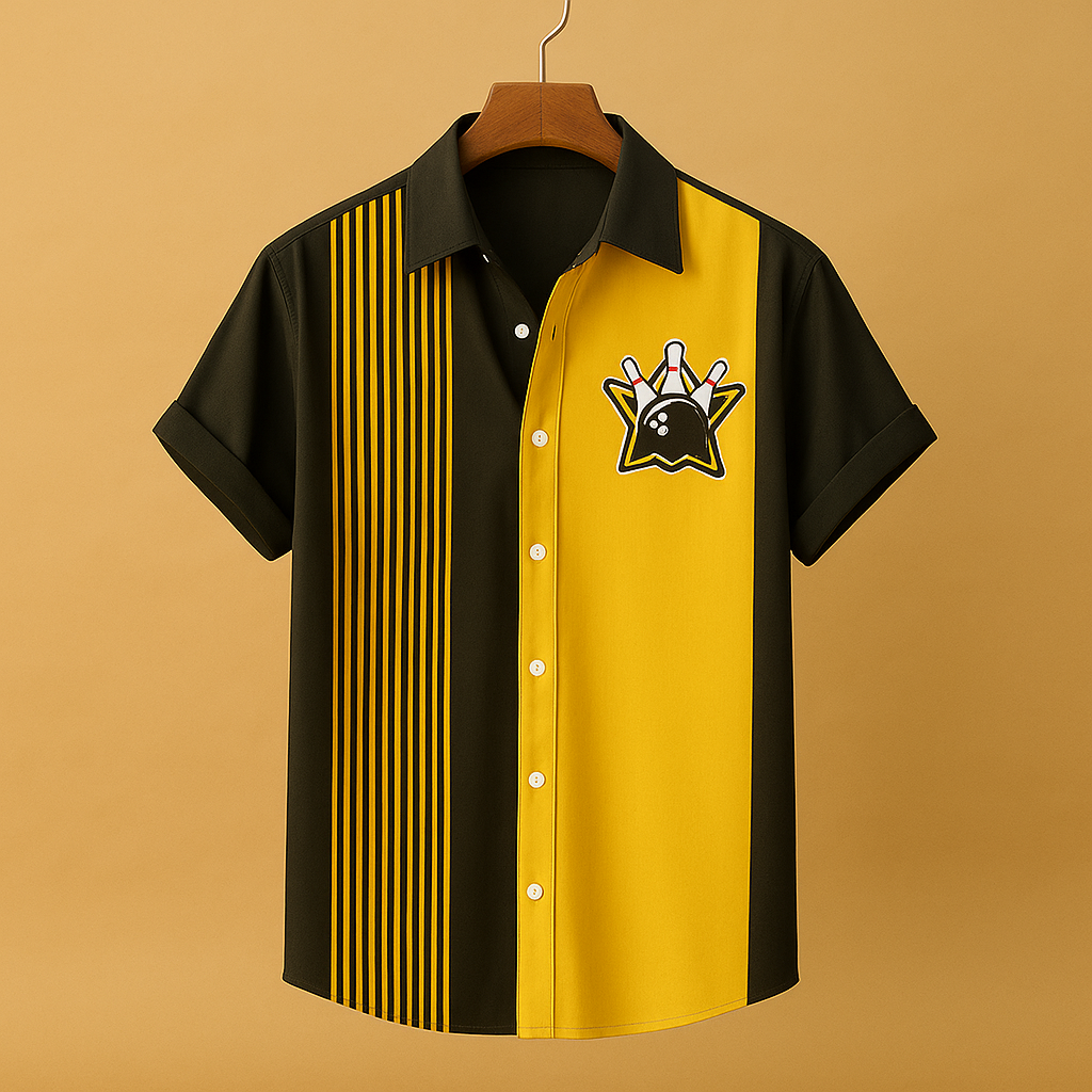 Polo da uomo a maniche corte con stampa - Maglia in poliestere d’ispirazione bowling retrò con colletto morbido, ideale per l’estate, il tempo libero e l’uso casual
