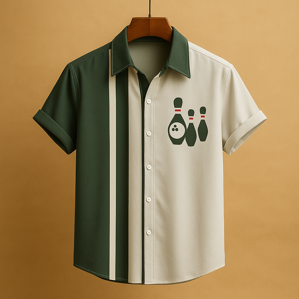 Polo da uomo a maniche corte con stampa - Maglia in poliestere d’ispirazione bowling retrò con colletto morbido, ideale per l’estate, il tempo libero e l’uso casual