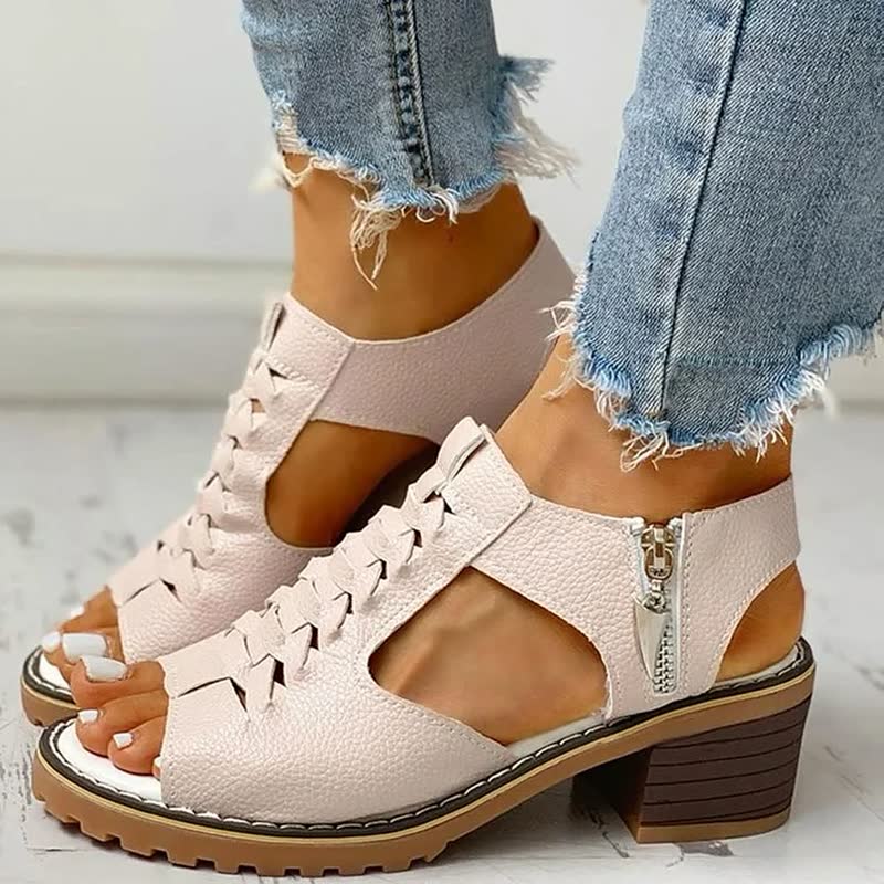 Women’s Block Heel Sandals Woven Upper Zip Side Summer Comfort