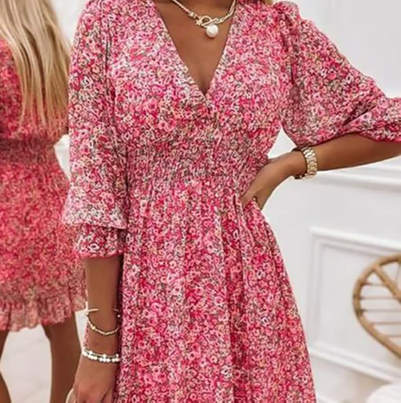 Women’s Floral Mini Dress V Neck Puff Sleeve Relaxed Fit