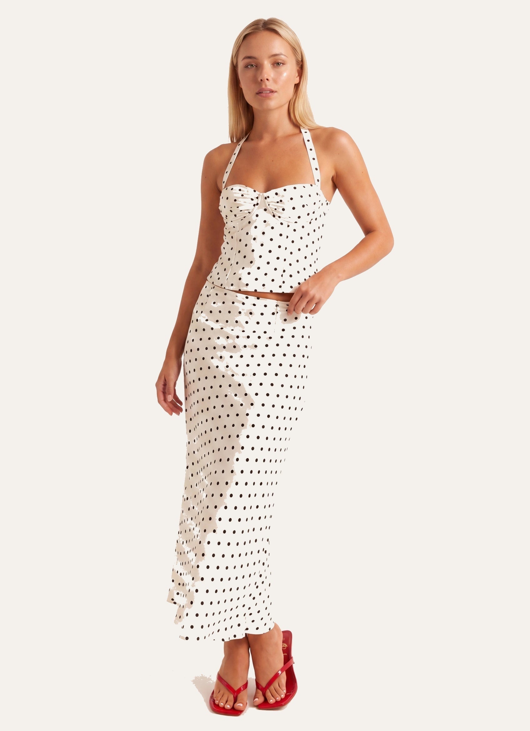 Dámský puntíkovaný halter top ve stylu korzetu s vázáním na krku