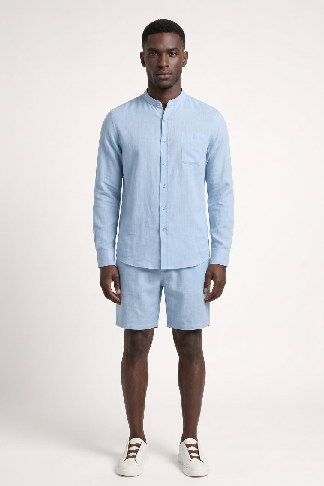 Men’s Collarless Shirt Set Tailored Shorts Summer Outfit