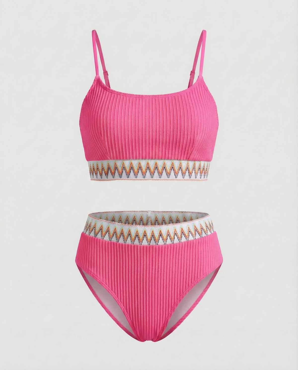 Costum de baie bikini cu nervuri și talie înaltă pentru femei, cu decolteu rotund și bretele subțiri – costum de baie din două piese, pentru vacanțe la plajă și la piscină