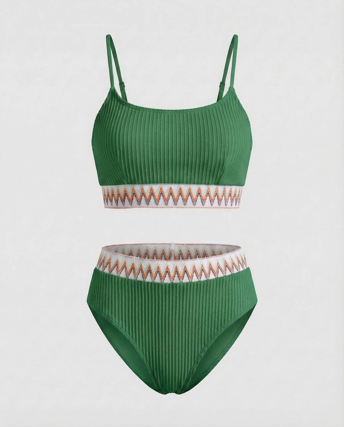 Costum de baie bikini cu nervuri și talie înaltă pentru femei, cu decolteu rotund și bretele subțiri – costum de baie din două piese, pentru vacanțe la plajă și la piscină