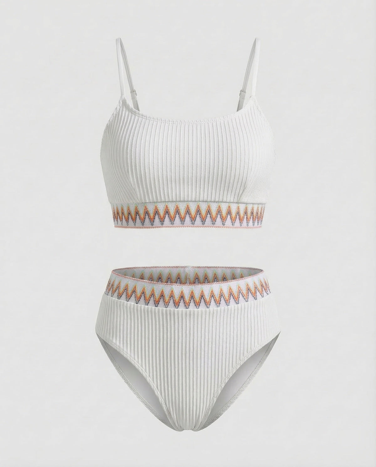Costum de baie bikini cu nervuri și talie înaltă pentru femei, cu decolteu rotund și bretele subțiri – costum de baie din două piese, pentru vacanțe la plajă și la piscină