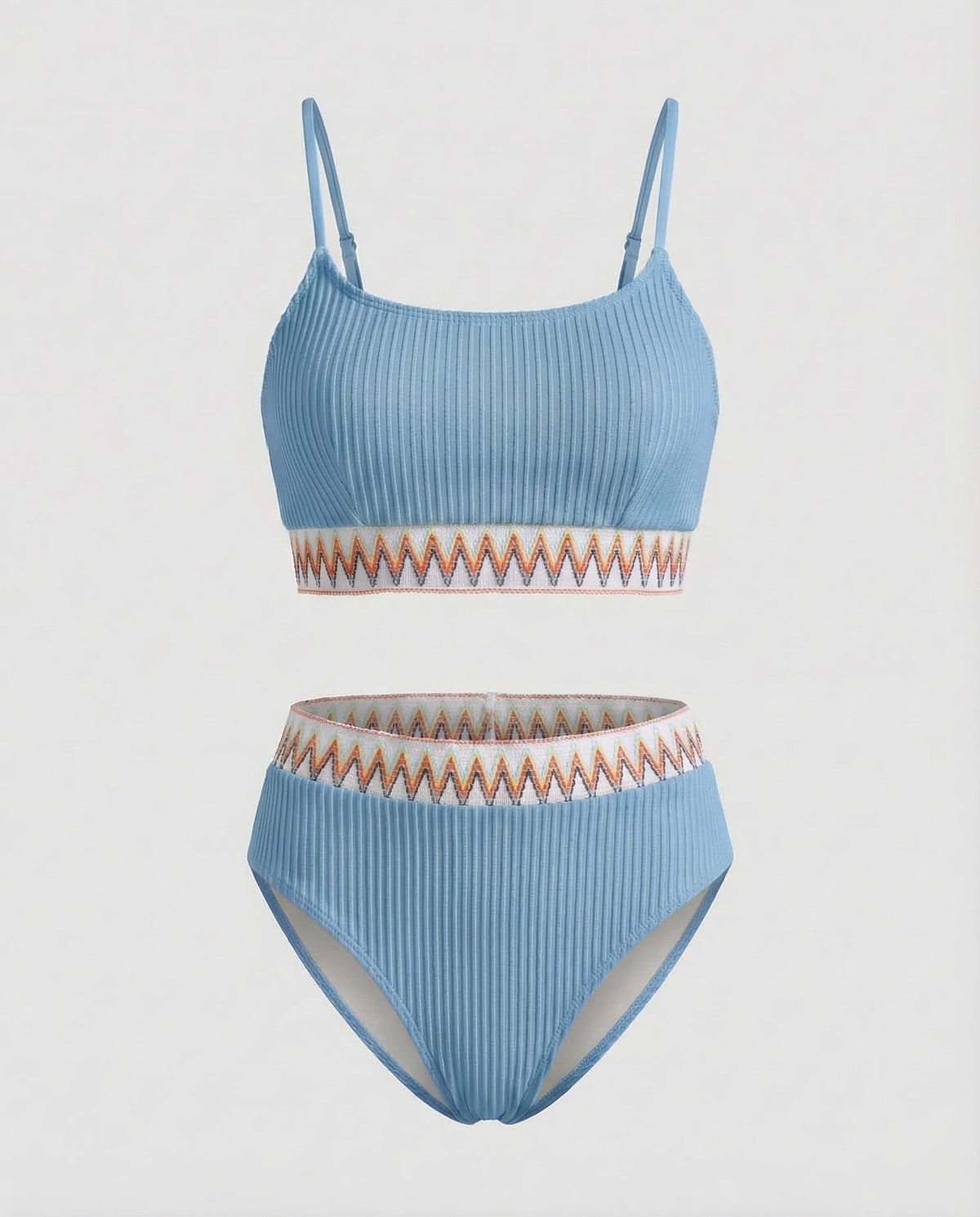 Costum de baie bikini cu nervuri și talie înaltă pentru femei, cu decolteu rotund și bretele subțiri – costum de baie din două piese, pentru vacanțe la plajă și la piscină