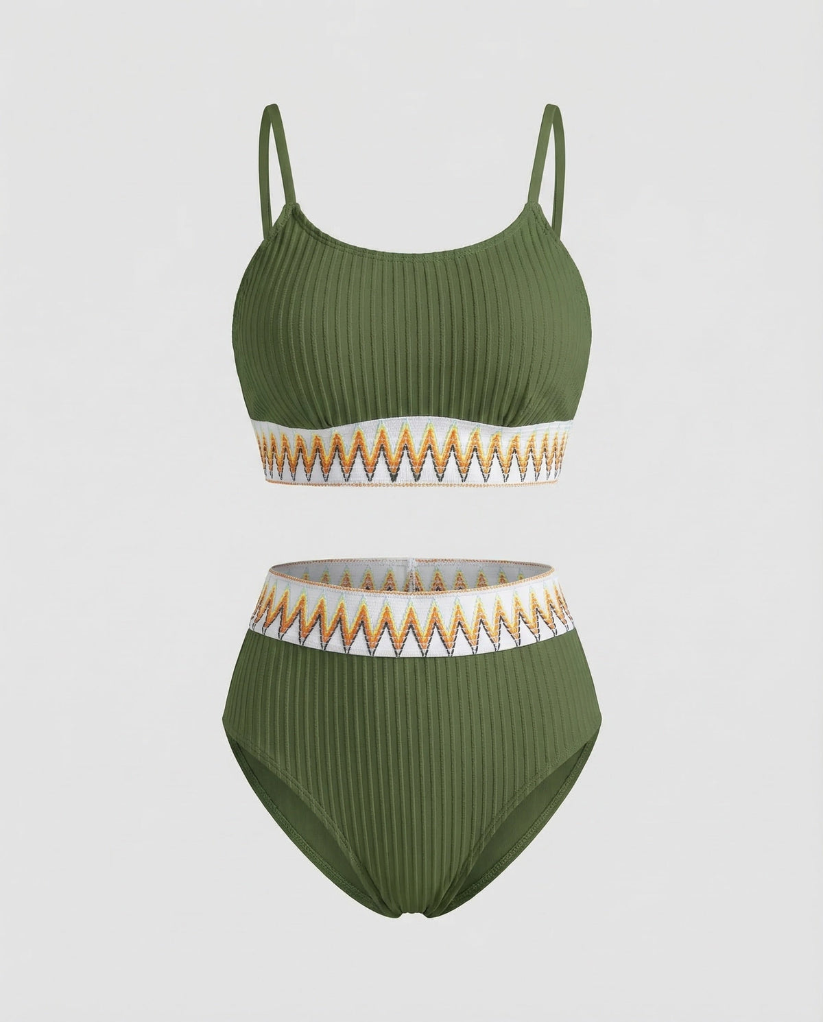 Costum de baie bikini cu nervuri și talie înaltă pentru femei, cu decolteu rotund și bretele subțiri – costum de baie din două piese, pentru vacanțe la plajă și la piscină