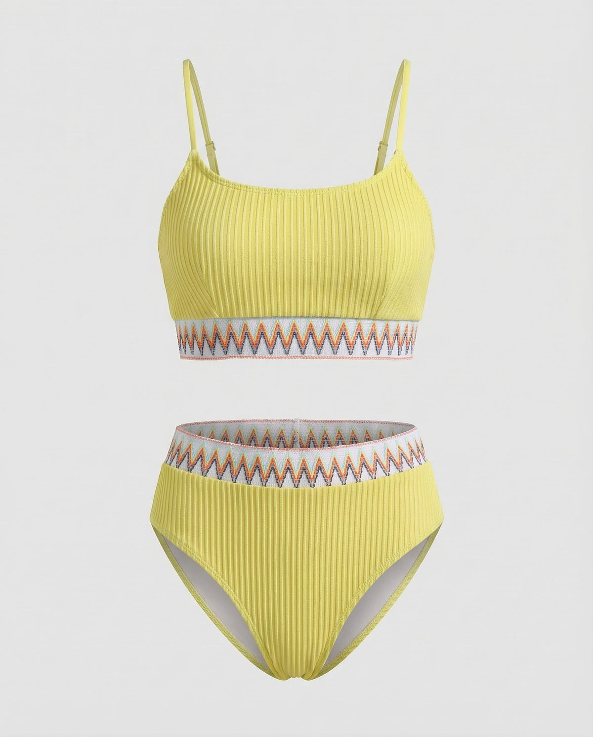 Costum de baie bikini cu nervuri și talie înaltă pentru femei, cu decolteu rotund și bretele subțiri – costum de baie din două piese, pentru vacanțe la plajă și la piscină