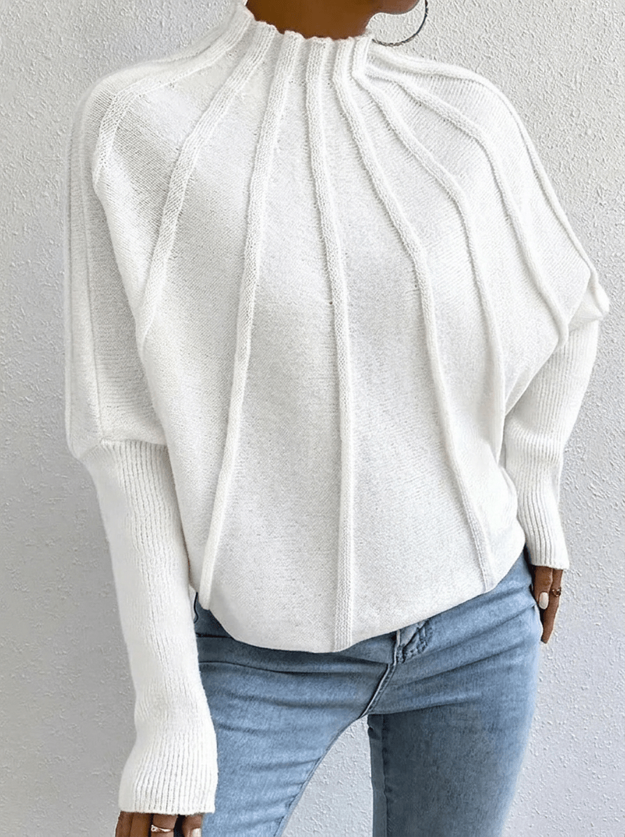 Women’s Mock-Neck Batwing Knit Sweater – Ribbed Sculptural Jumper with Flared Cuffs for Elegant Autumn Casual Wear