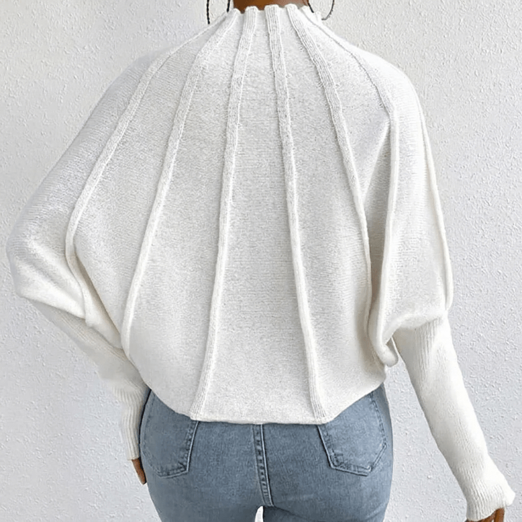 Women’s Mock-Neck Batwing Knit Sweater – Ribbed Sculptural Jumper with Flared Cuffs for Elegant Autumn Casual Wear
