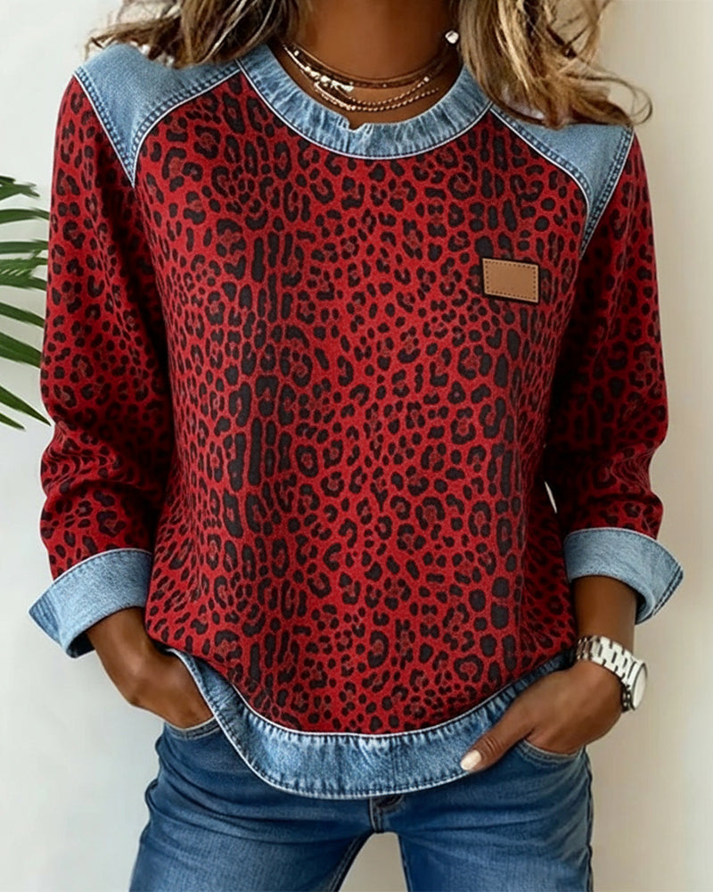 Women’s Printed Contrast-Trim Long Sleeve Top – Relaxed Casual Layer for Autumn Weekends City Wear Travel and Everyday Styling