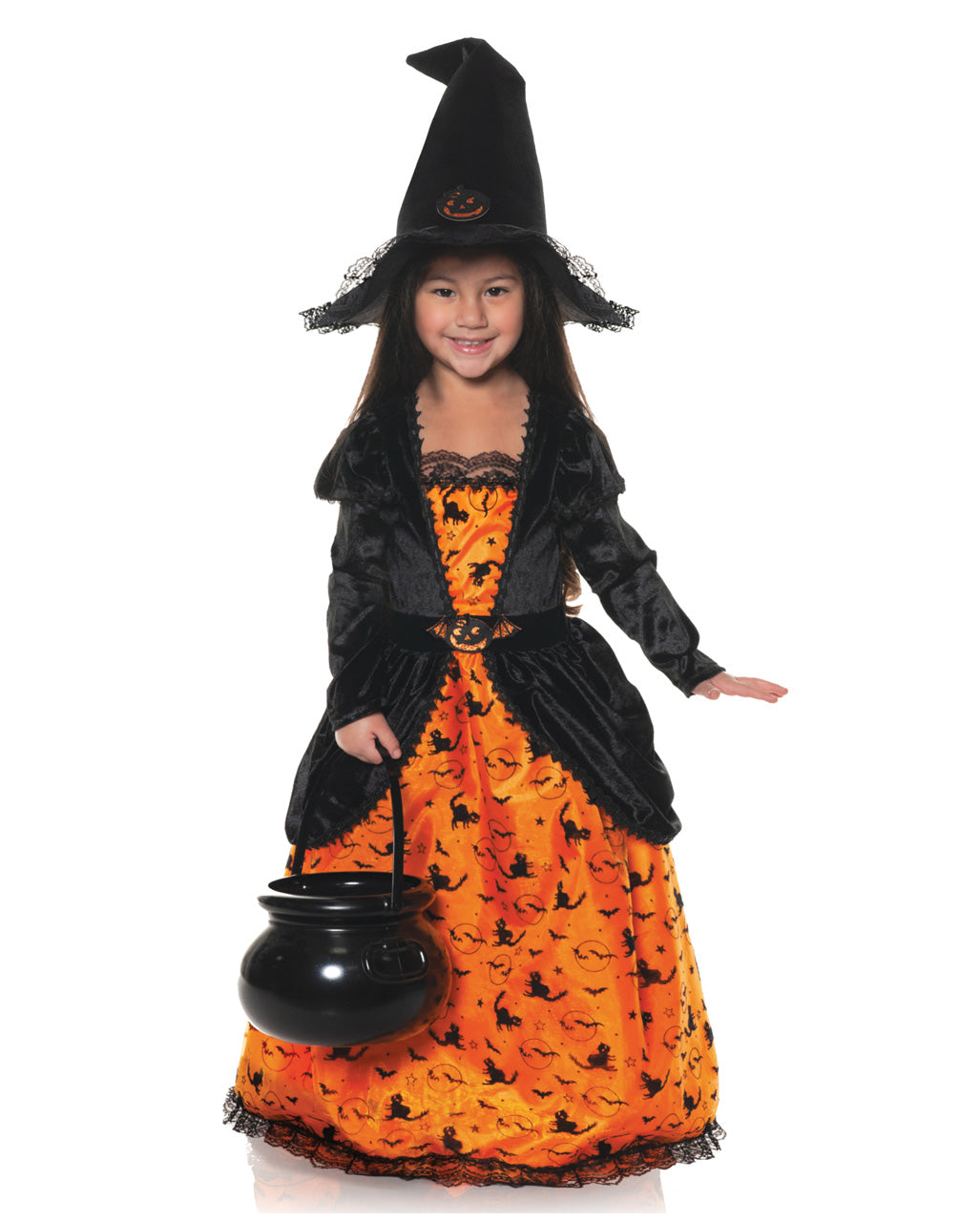 Dětské halloweenské kostýmy čarodějnice s dýňovými šaty a kloboukem