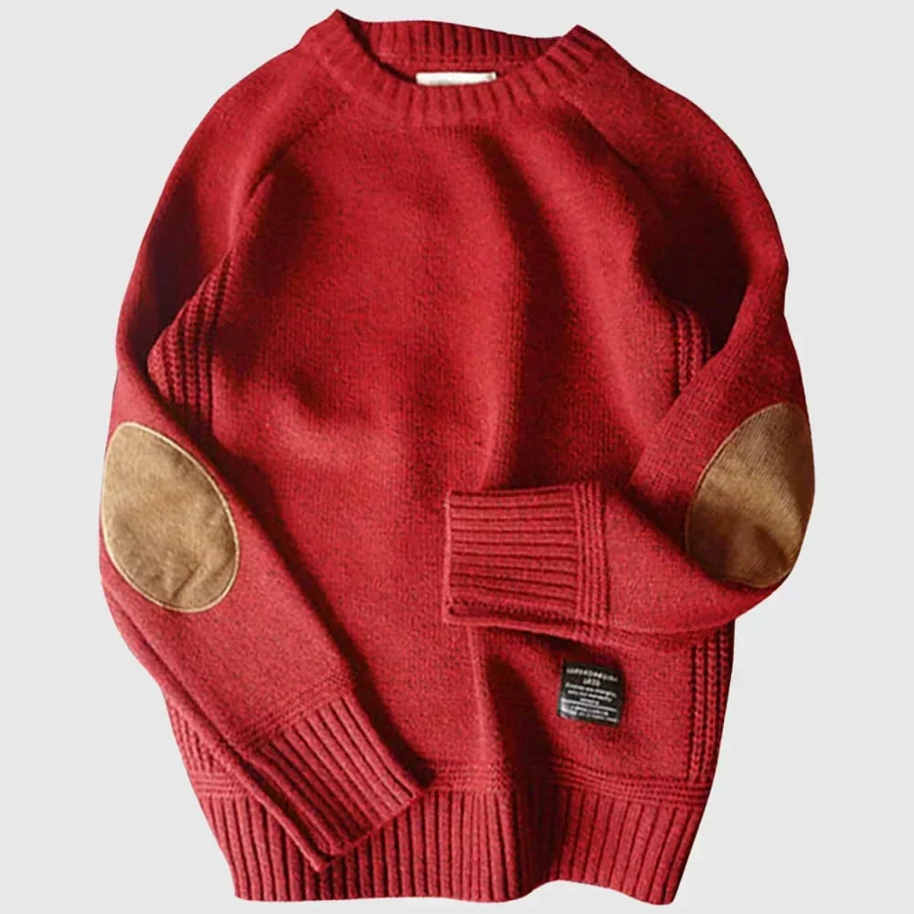 Camisola masculina quente de gola redonda com remendos nos cotovelos – malha descontraída de inverno para usar no escritório e ao fim de semana