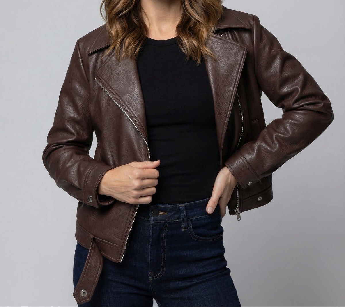 Women's Boxy Faux Leather Biker Jacket with Asymmetric Zip – Short Moto Jacket with Wide Lapels for Autumn and Everyday Wear