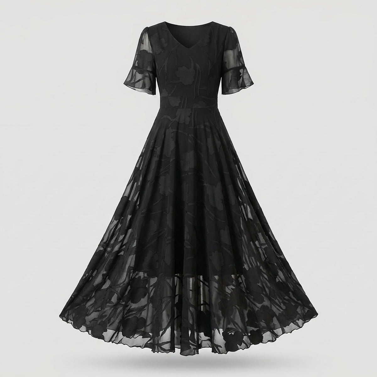 Robe longue à col V pour femme avec manches volantées transparentes et taille marquée - Coupe trapèze fluide pour les mariages et les réceptions en soirée