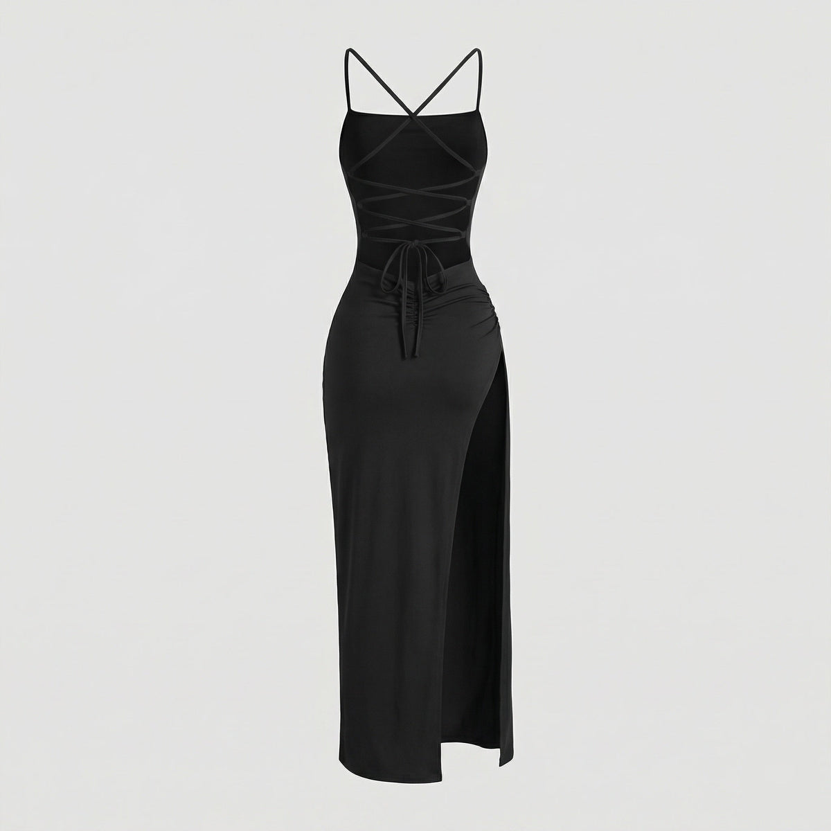Rochie maxi de damă, cu bretele subțiri și șiret la spate – rochie cambrată, cu despicătură laterală, pentru petreceri și ocazii de seară