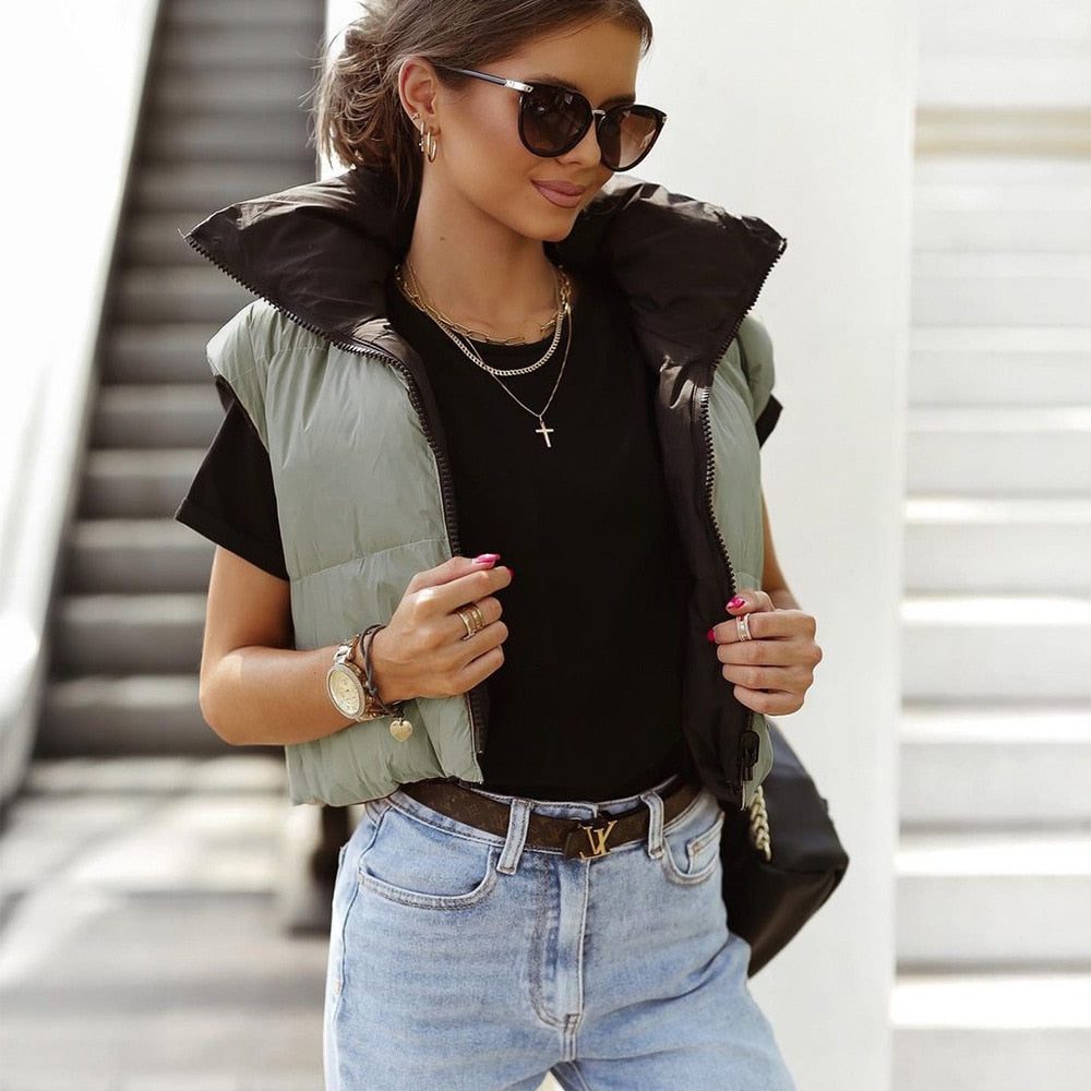 Women’s Reversible Quilted Puffer Vest – Two-Sided Sleeveless Jacket with High Collar for Transitional Layering