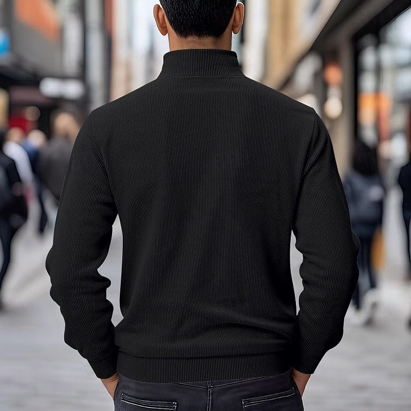 Ribstrikket overshirt-jakke til mænd - Lag-på-lag-model med kinakrave, knaplukning foran og brystlommer med klap til afslappet brug i overgangsvejr