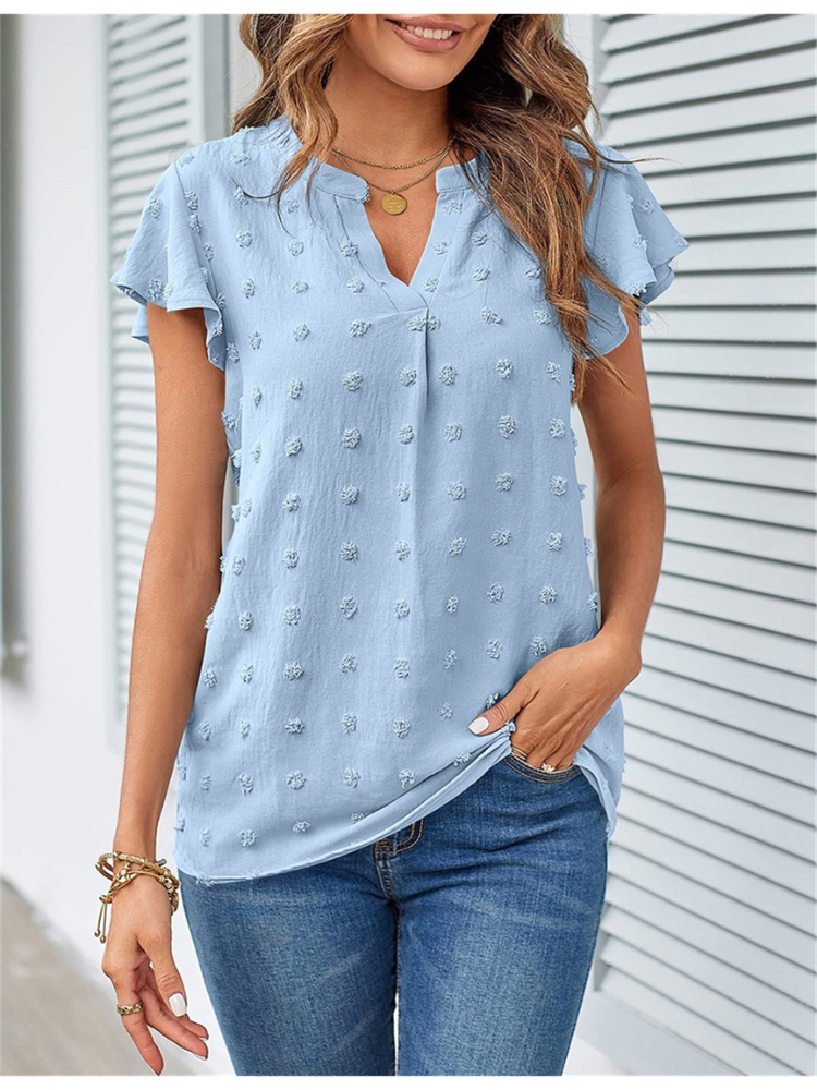 Women’s Ruffle Sleeve Blouse – Textured Notch Neck Top for Everyday Wear