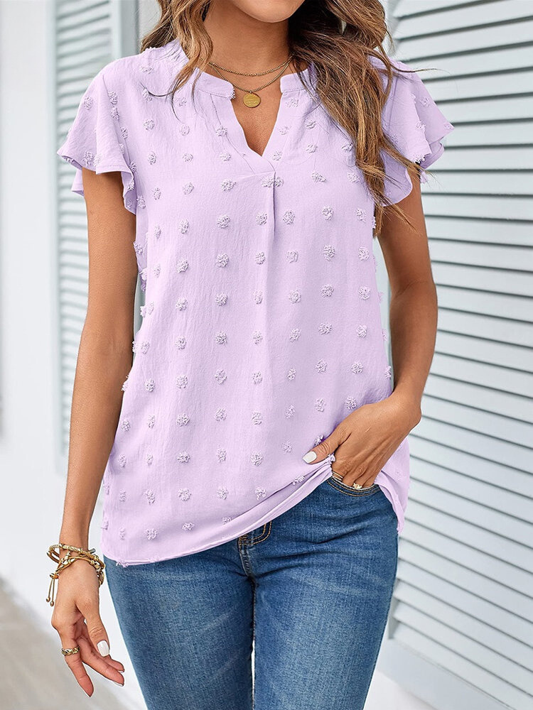 Women’s Ruffle Sleeve Blouse – Textured Notch Neck Top for Everyday Wear