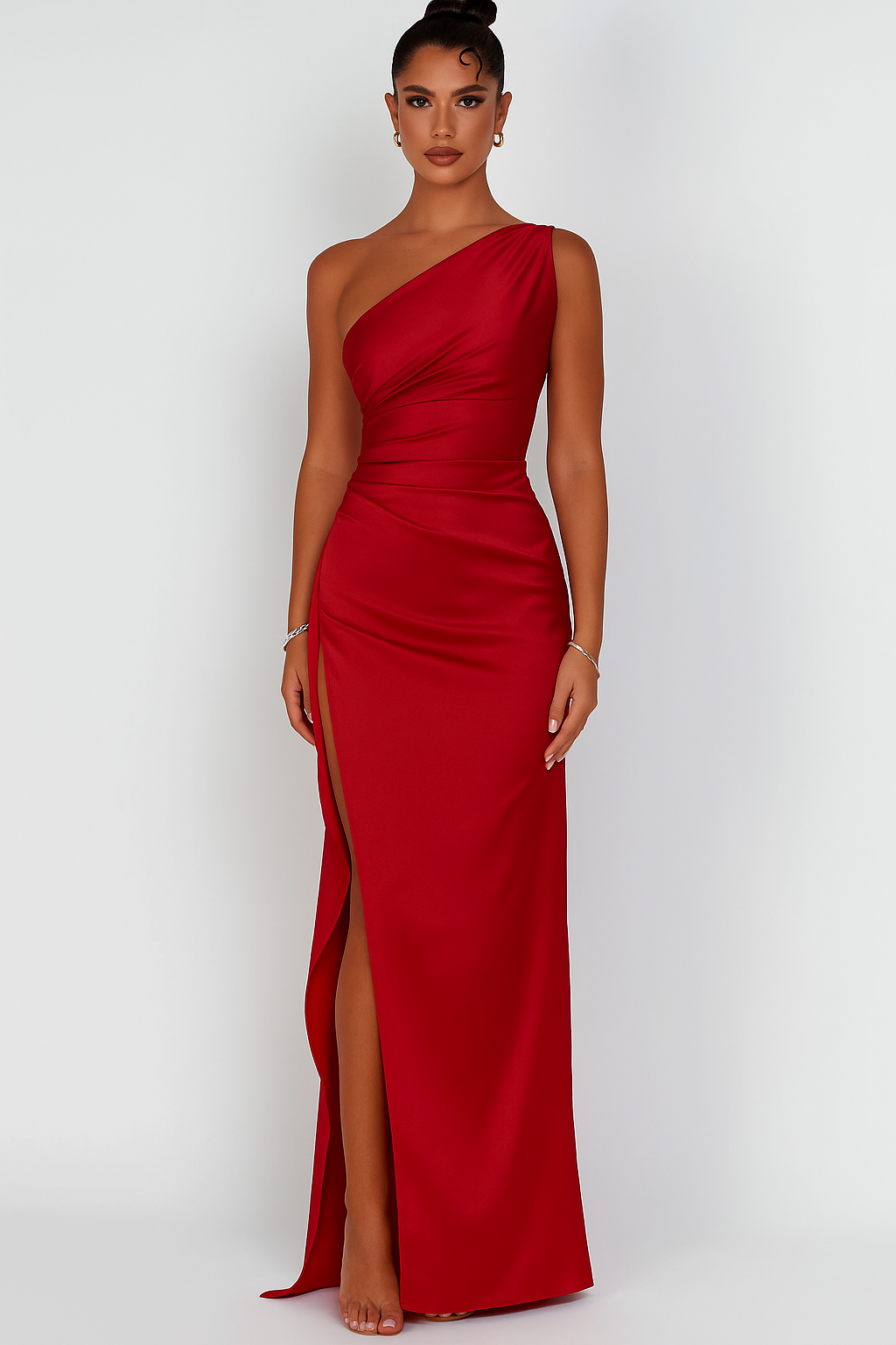 Abito lungo da donna in raso con una spalla, elegante, con spacco, formale, aderente e fluente