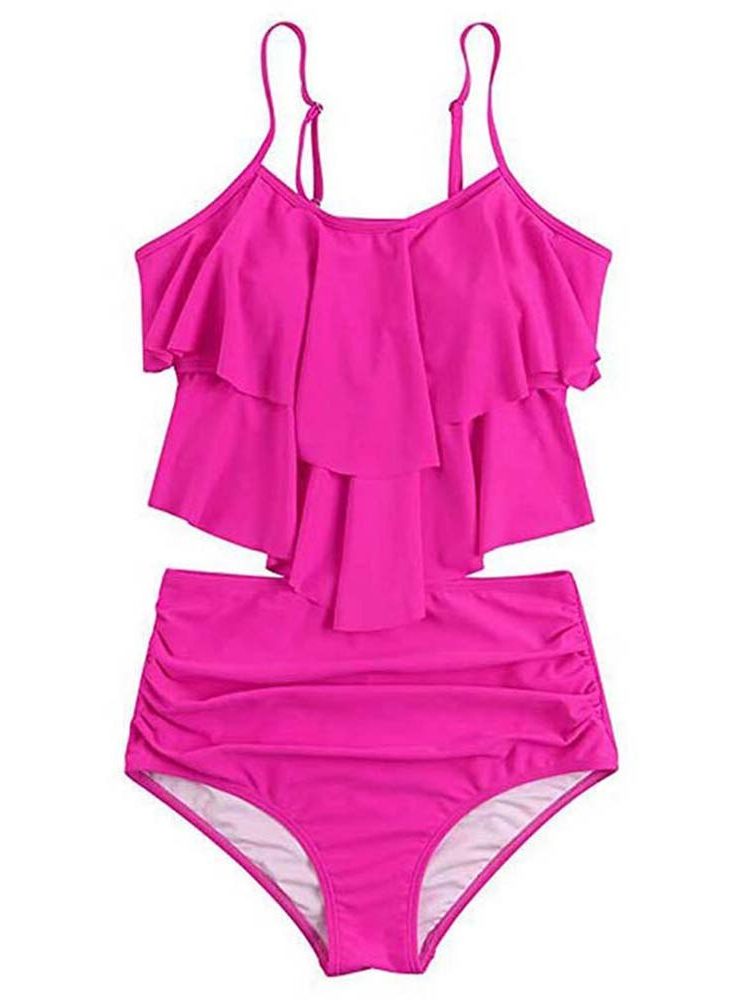 Women’s High-Waisted Bikini Set – Ruffle Cami Top with Leopard-Print Bottoms for Summer Swimwear