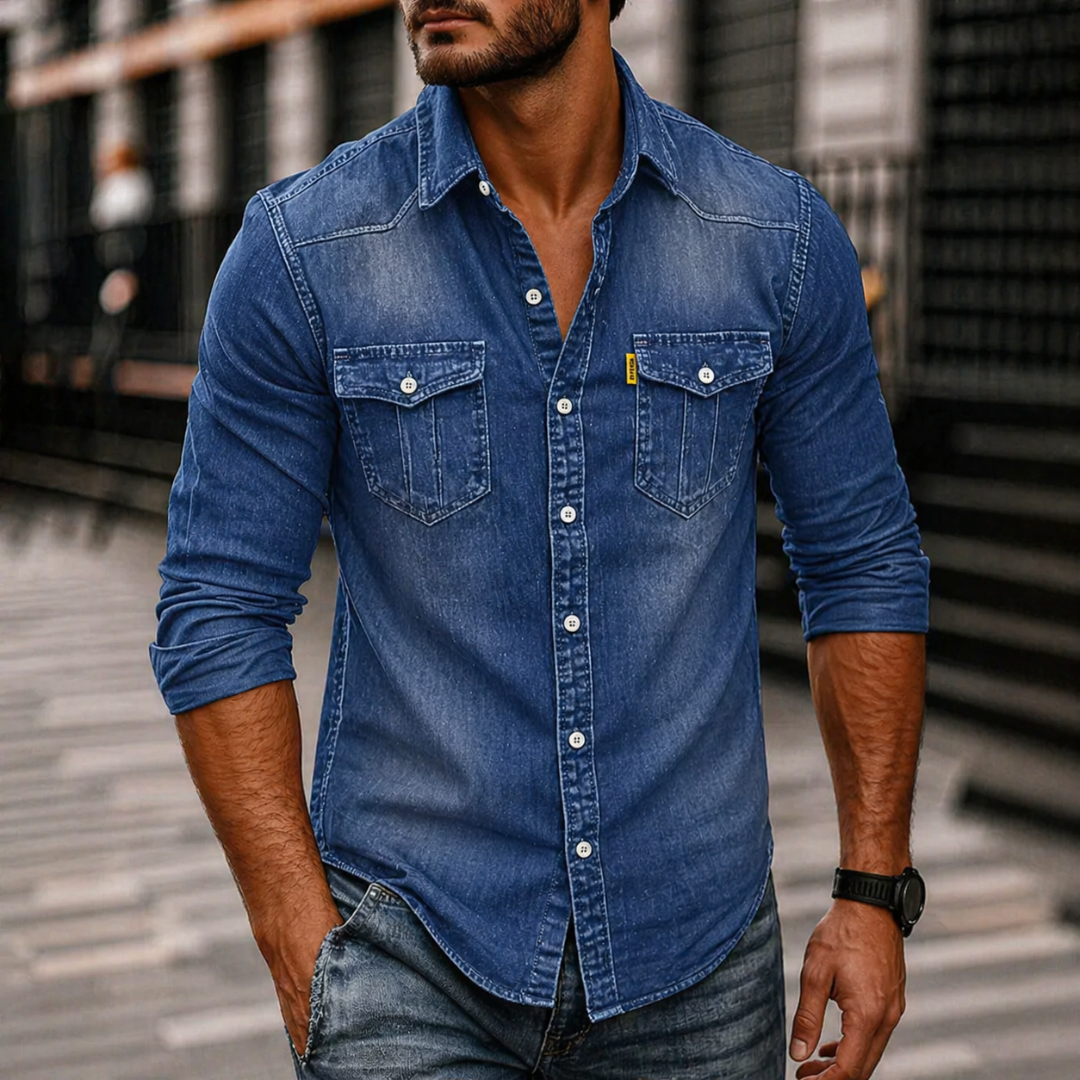 Chemise en jean pour homme à manches longues – Chemise décontractée boutonnée avec poches poitrine pour tous les jours