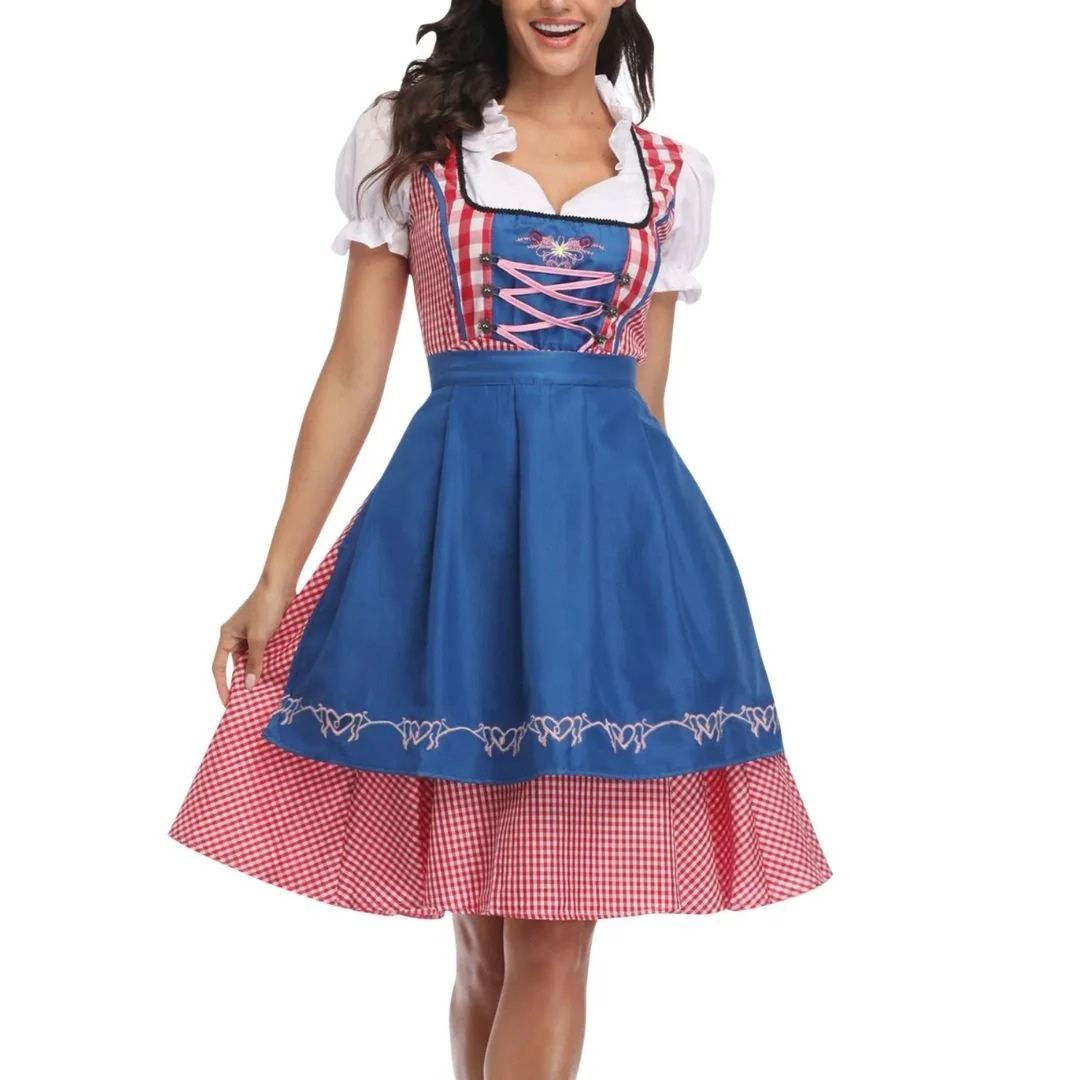 Women’s Check Dirndl Dress – Lace-Up Oktoberfest Midi with Apron