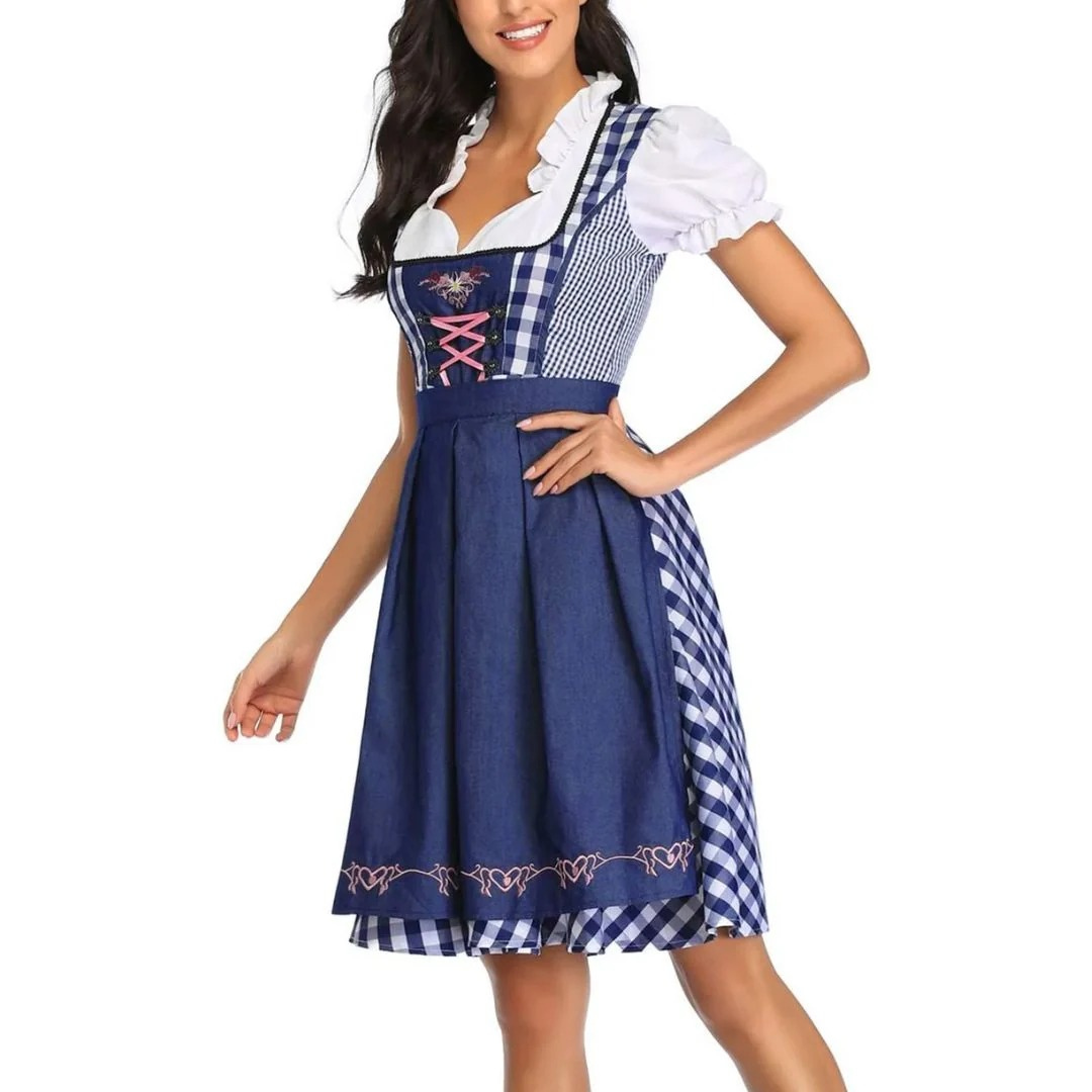 Women’s Check Dirndl Dress – Lace-Up Oktoberfest Midi with Apron