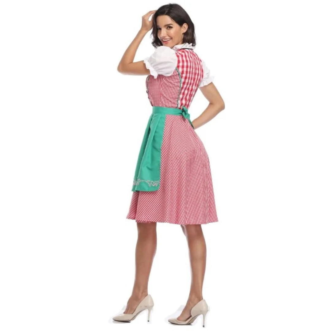 Women’s Check Dirndl Dress – Lace-Up Oktoberfest Midi with Apron
